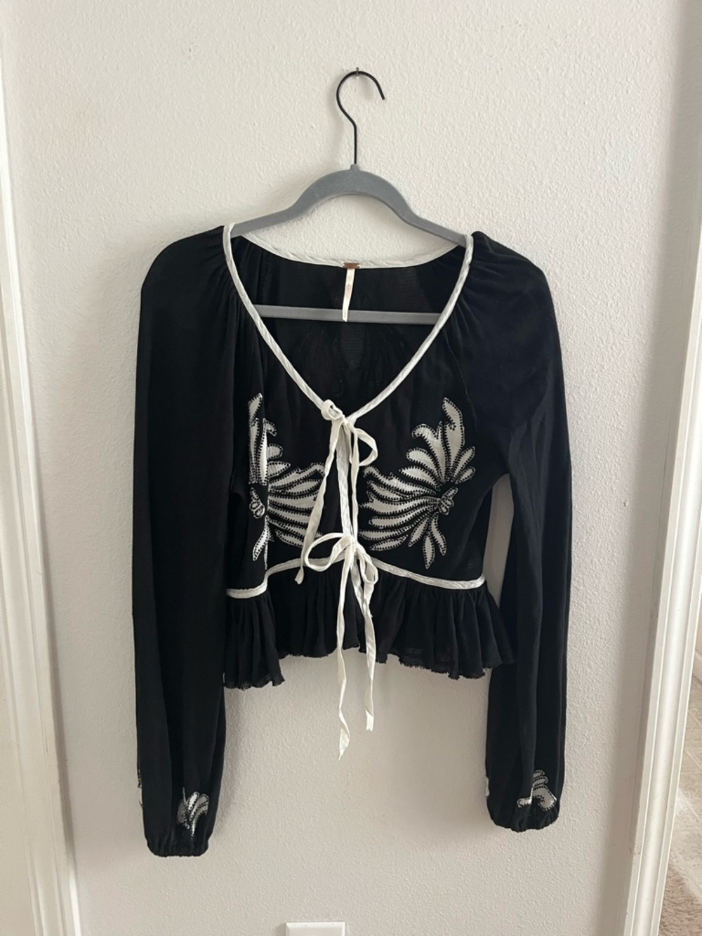 Free People Black Embroidered Tie-Front Peplum Blouse, Size Small